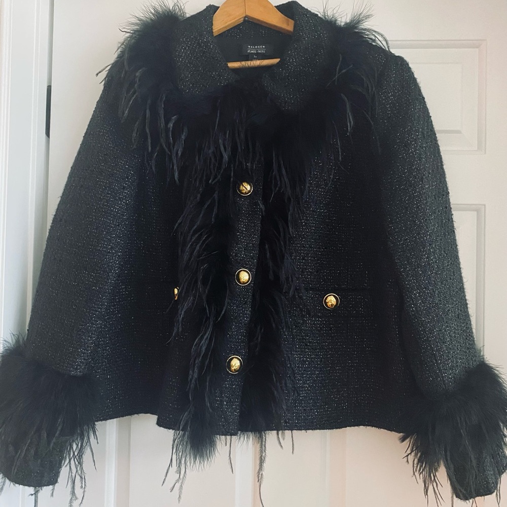 Halogen Atlantic Pacific 1x dressy Feather Trim Jacket blk w metallic thread